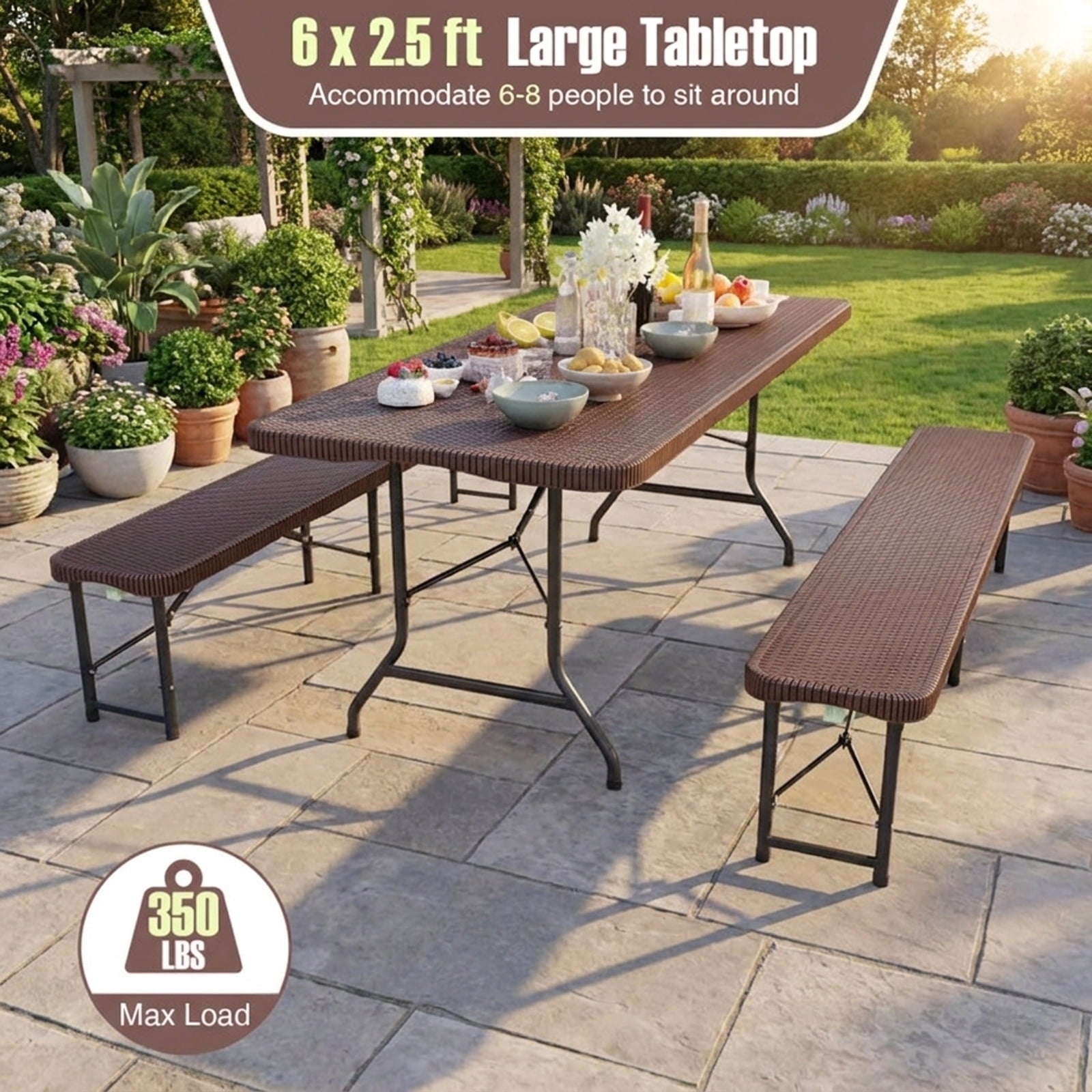 Biotree 6 ft Portable Folding Table with Rattan-Like HDPE Tabletop and Safe Lock Mechanism, Coffee