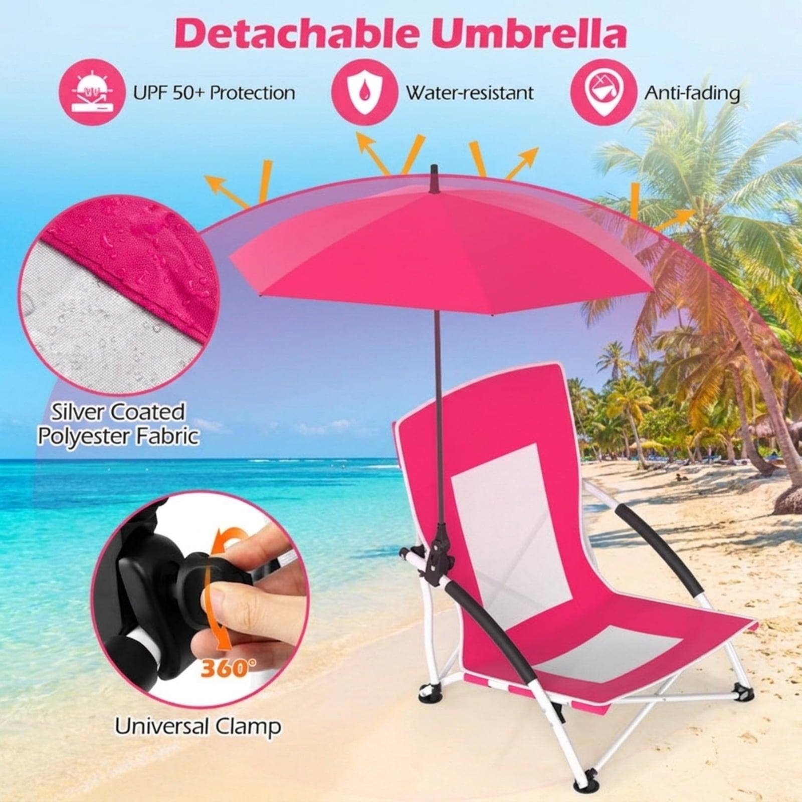 Biotree 2 Pack Beach Umbrella Chair for Adults with Adjustable Parasol Stackable Patio Chair for Garden BackyardPink