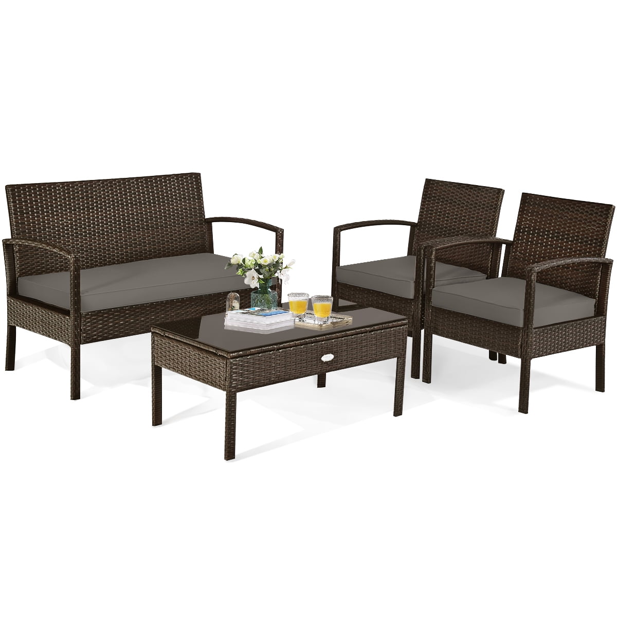 Biotree 4-Piece Patio Rattan Set with Loveseat and Table-Brown