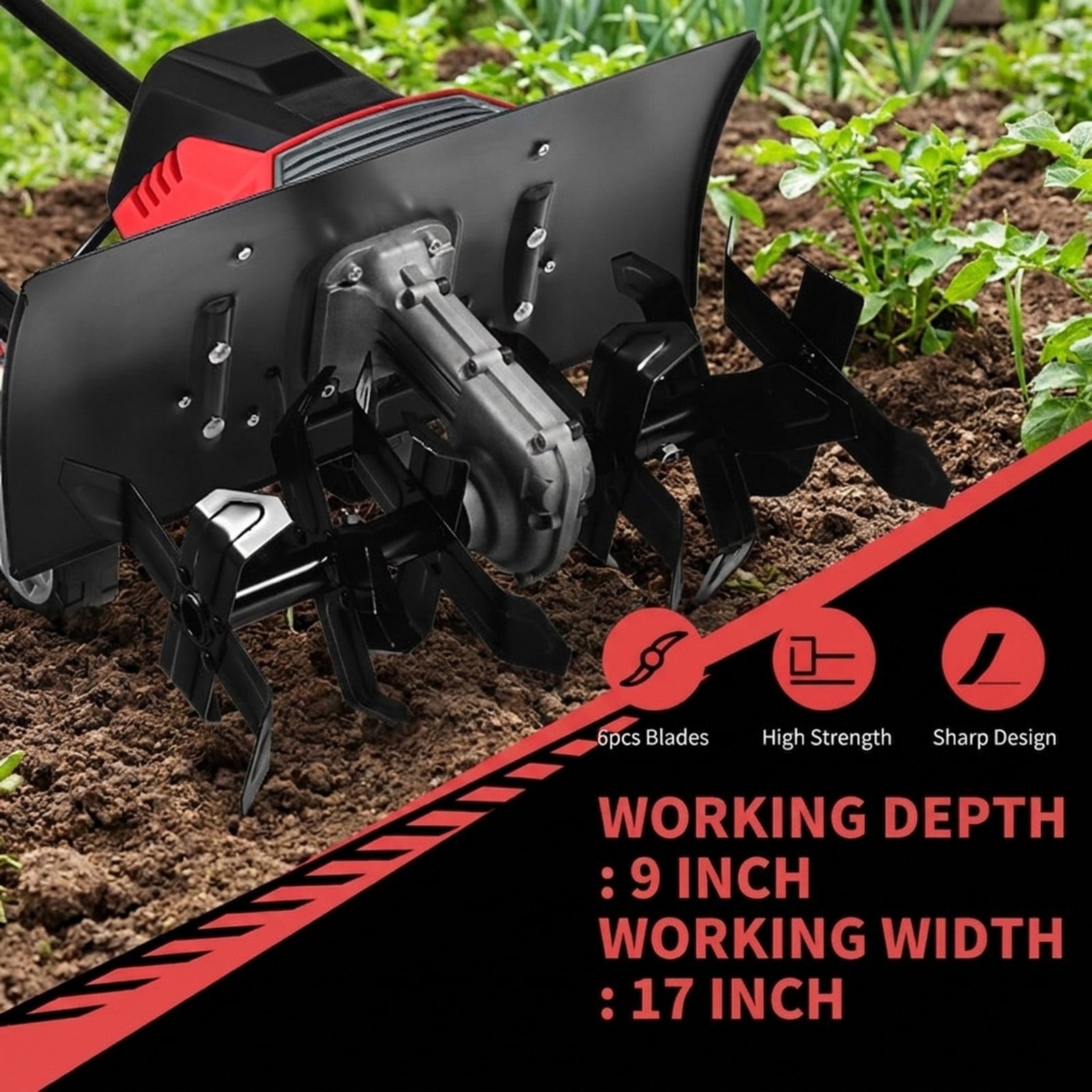 Biotree 17-Inch 13.5 Amp Corded Electric Tiller and Cultivator 9 for Lawn Garden Yard Soil Care, Red