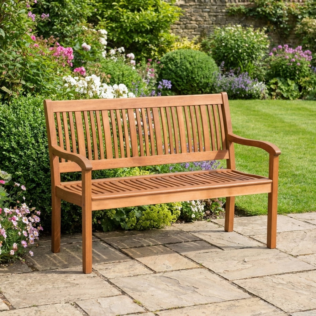 Biotree Two Person Solid Wood Garden Bench with Curved Backrest and Wide Armrest Stackable Patio Chair for Garden Backyard
