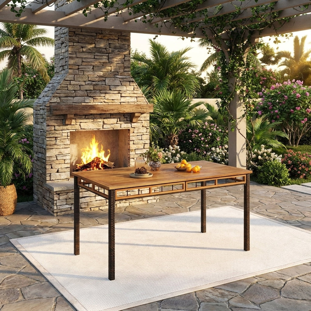 Biotree 63" Outdoor Dining Table with Acacia Wood Slatted Tabletop, Black