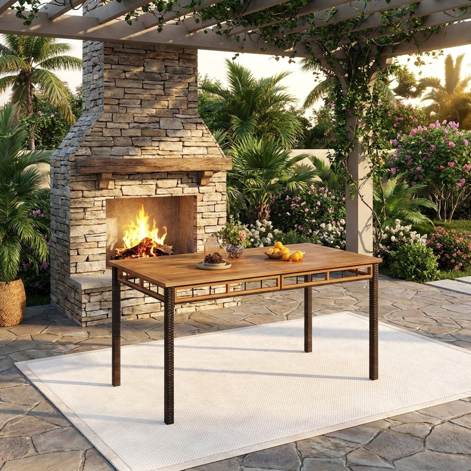 Biotree 63" Outdoor Dining Table with Acacia Wood Slatted Tabletop, Black