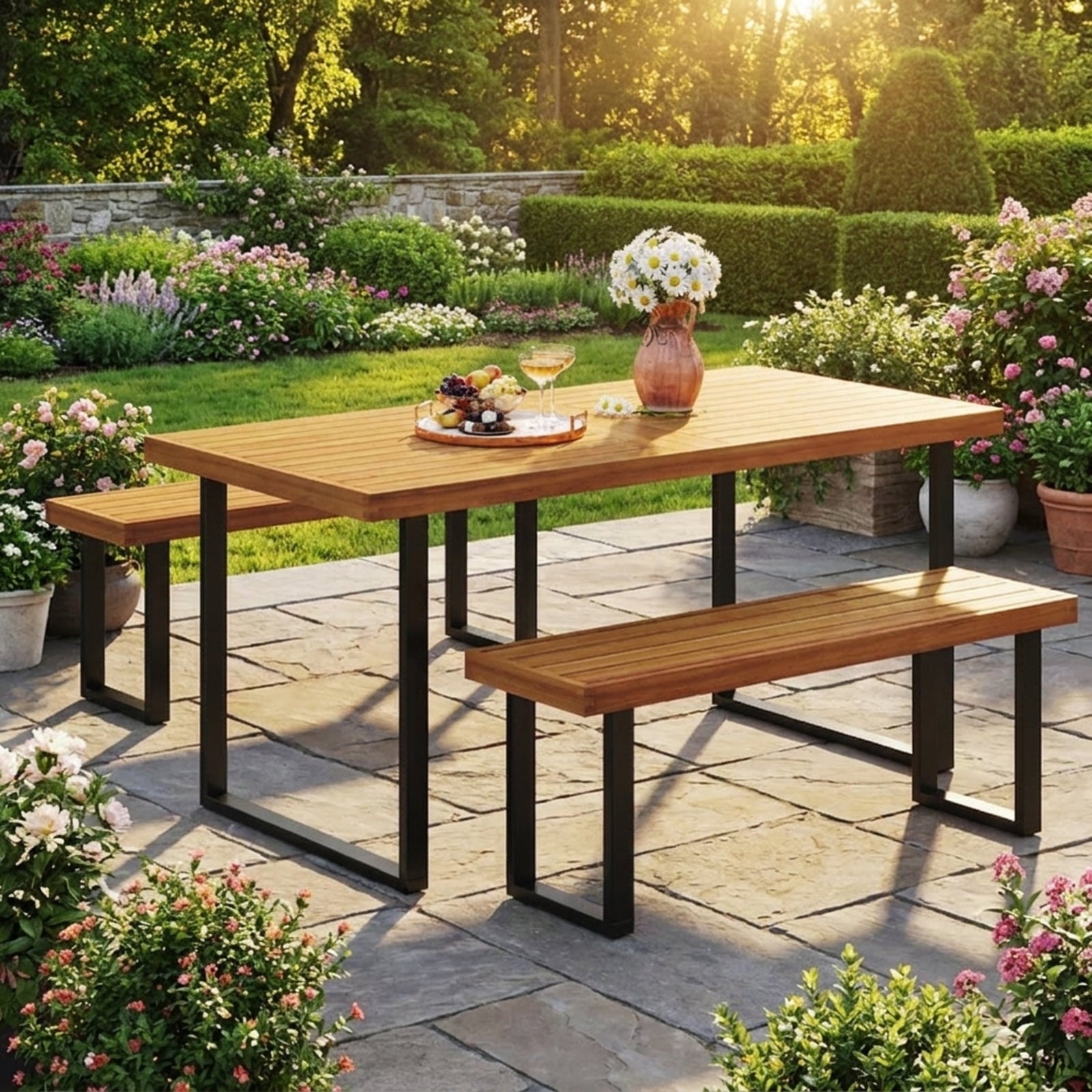 Biotree Acacia Wood Outdoor Bench 48 Inch Long Patio Dining Bench-Set of 2 Stackable Patio Chair for Garden BackyardNatural+Black