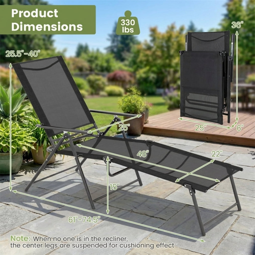 Biotree 2 Piece Patio Folding Chaise Lounge Chairs Recliner with 6-Level Backrest Stackable Patio Chair for Garden BackyardBlack