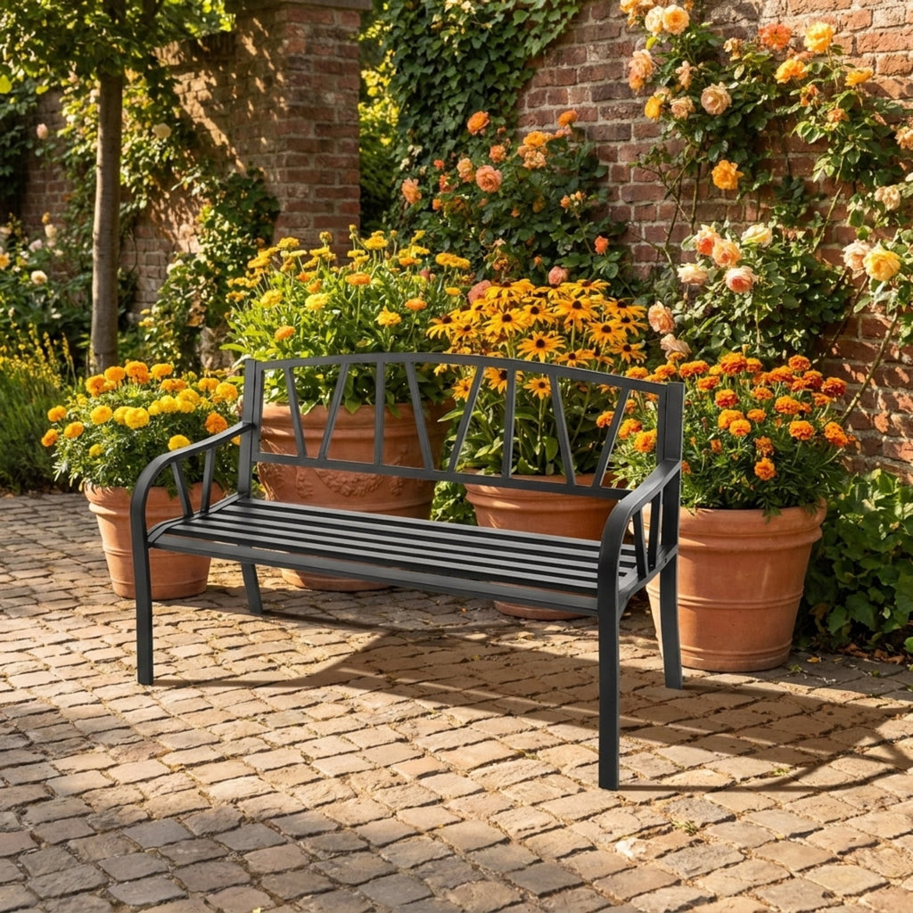 Biotree Patio Garden Bench with Metal Frame and Slatted Seat Stackable Patio Chair for Garden BackyardBlack