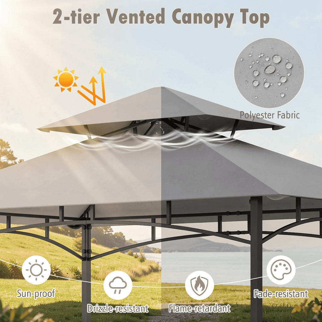 Biotree 8 x 5 Feet Outdoor Grill Gazebo with 2 Side Shelves and 10 Hooks Gray - Outdoor Patio Backyard Garden Shade Canopy Shelter