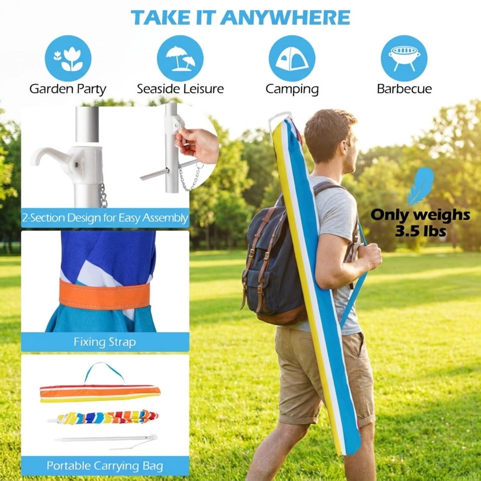 Biotree 6.5 ft Portable Beach Umbrella with Carrying Bag, 6 Ribs, Sand Tilt Mechanism - Multicolor for Backyard
