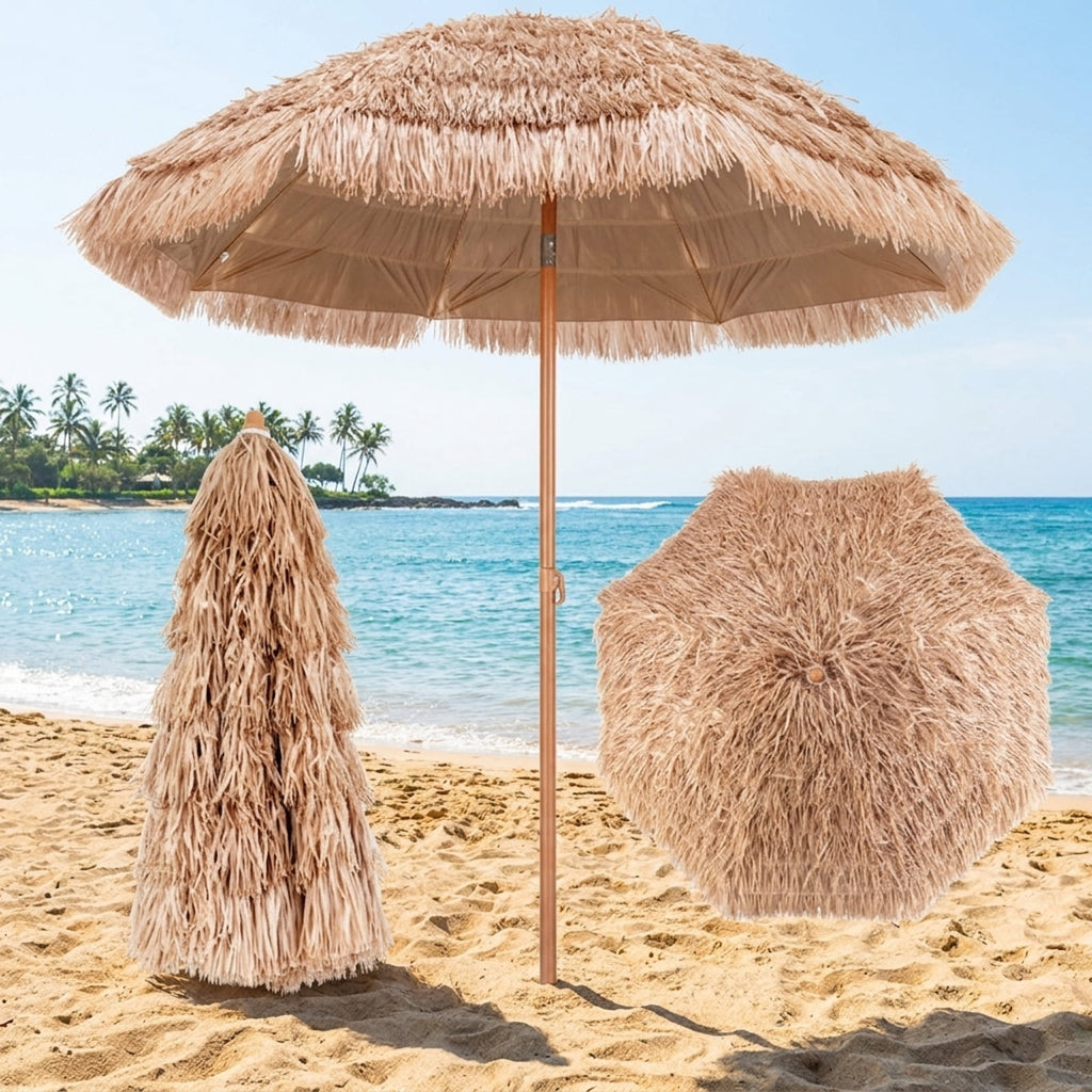 Biotree 7 ft Thatched Tiki Patio Umbrella Crank Tilt Outdoor Shade - Natural - UV Protection with Cross Base