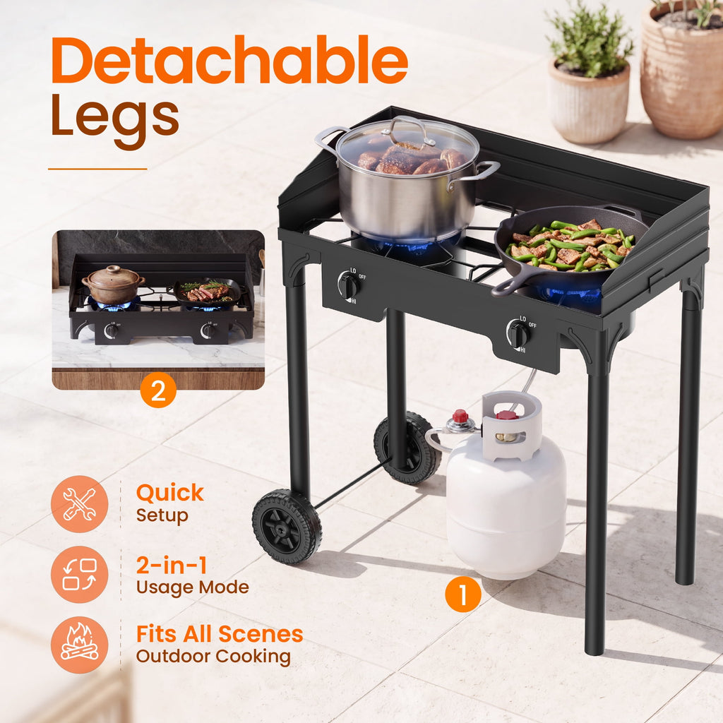 Biotree 2 Burner Outdoor Propane Gas Stove with 2 Wheels Wind Panel, 15,0000 BTU Camping Stove with Adjustable PSI Regulator and 4ft Hose With Removable Legs for Cooking BBQ Home