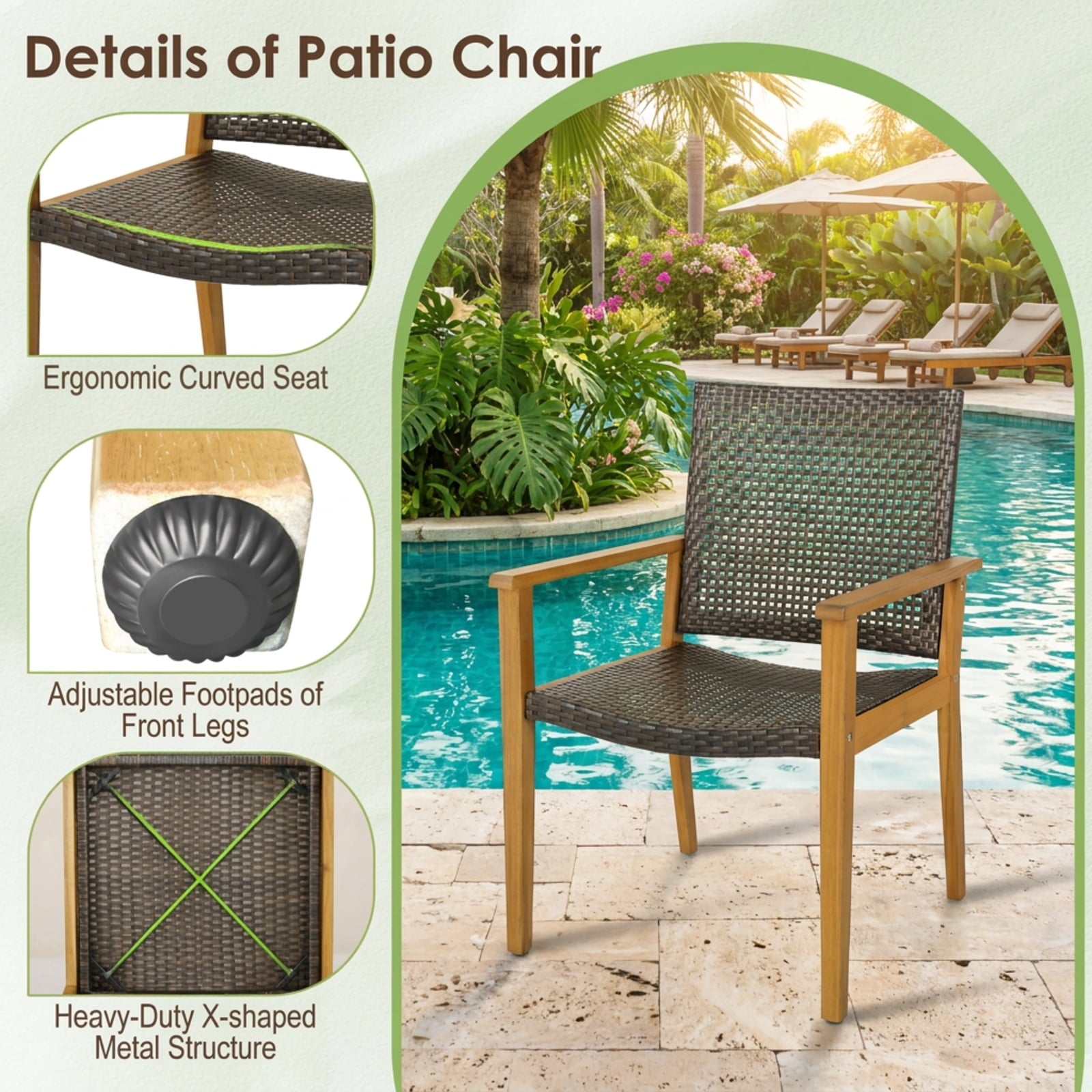 Biotree Set of 4 Outdoor Rattan Chair with Sturdy Acacia Wood Frame-Set of 4 Stackable Patio Chair for Garden BackyardMix Brown