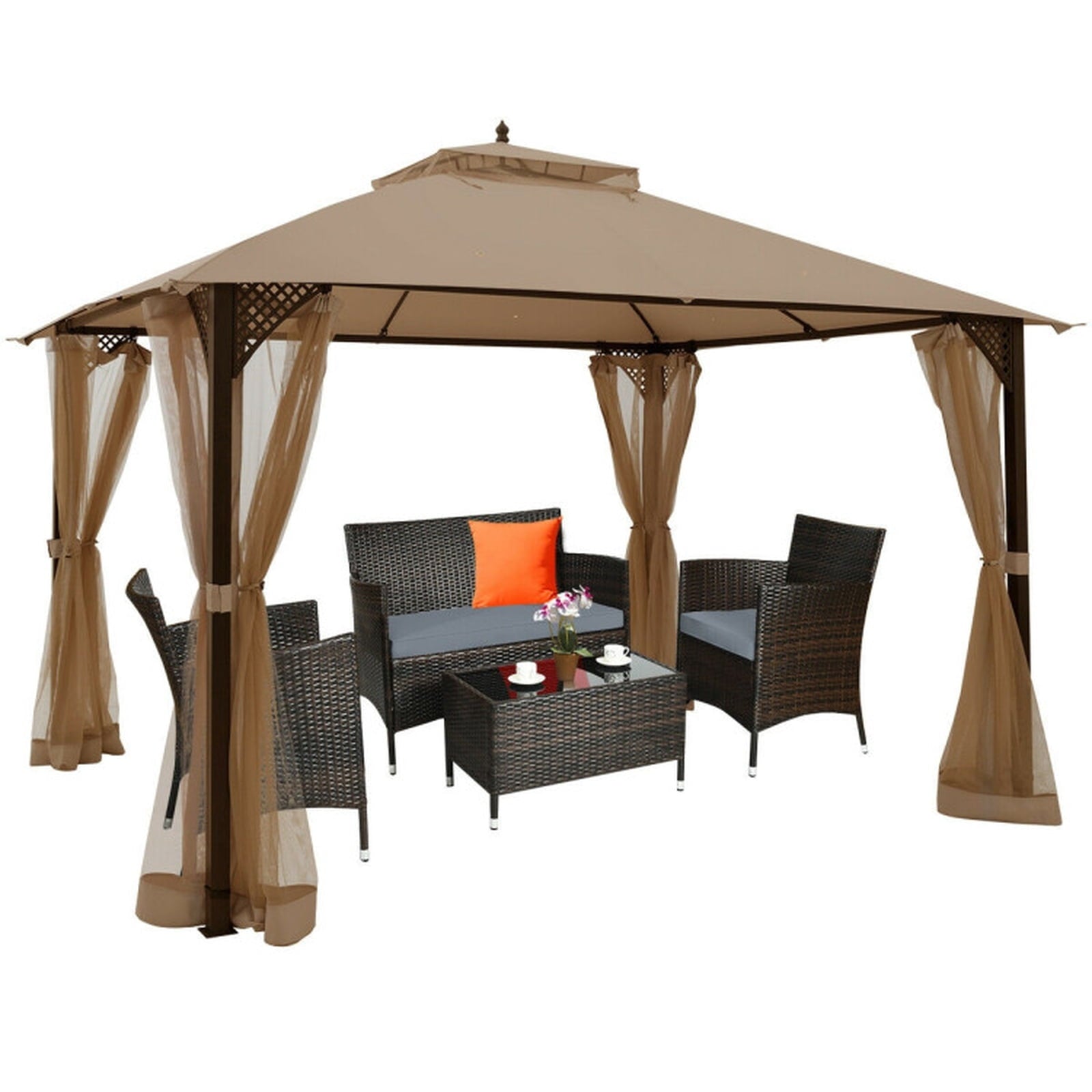 Biotree 12 x 10 Feet Outdoor Double Top Patio Gazebo with Netting Brown - Outdoor Patio Backyard Garden Shade Canopy Shelter