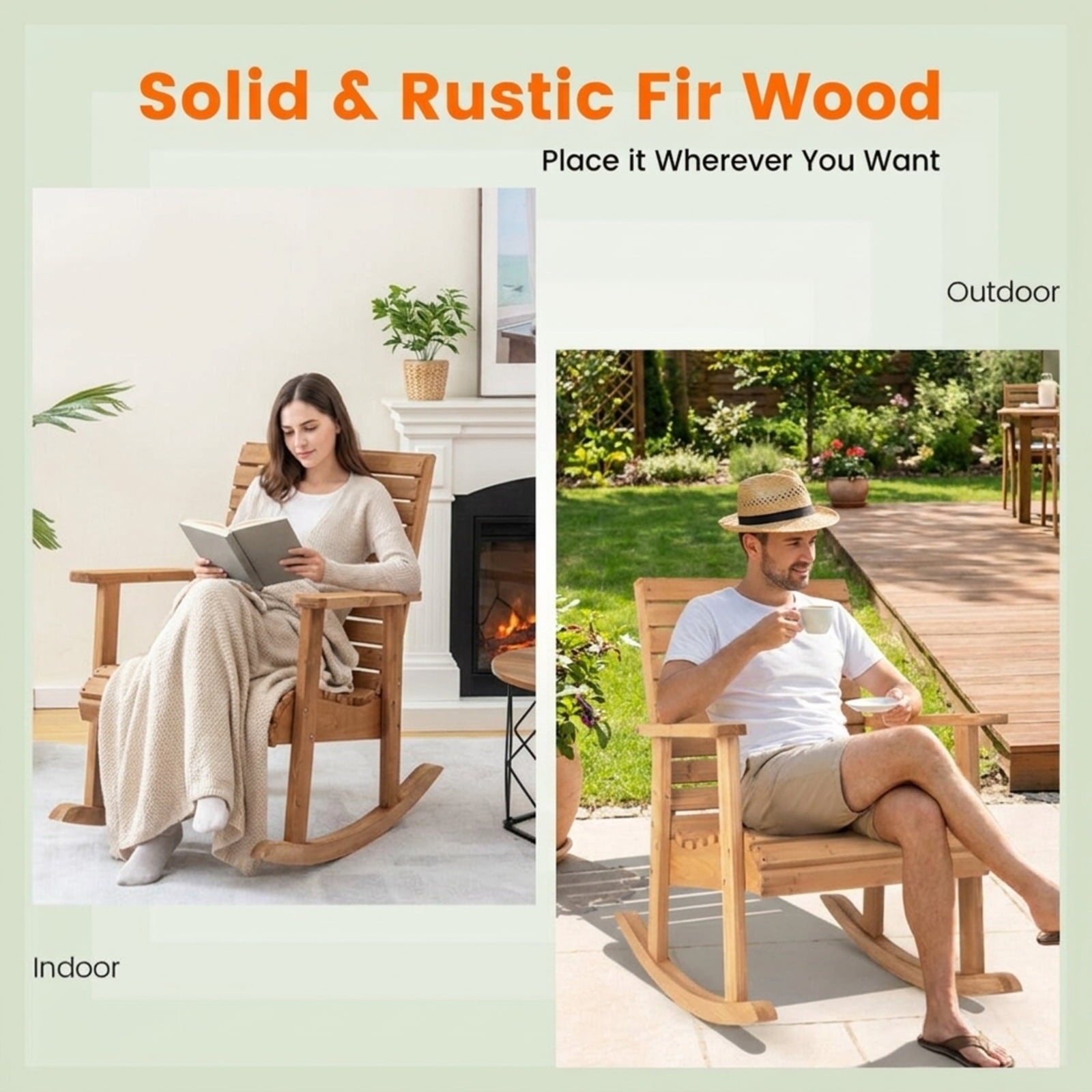 Biotree Outdoor Fir Wood Rocking Chair with High Backrest Stackable Patio Chair for Garden BackyardBrown