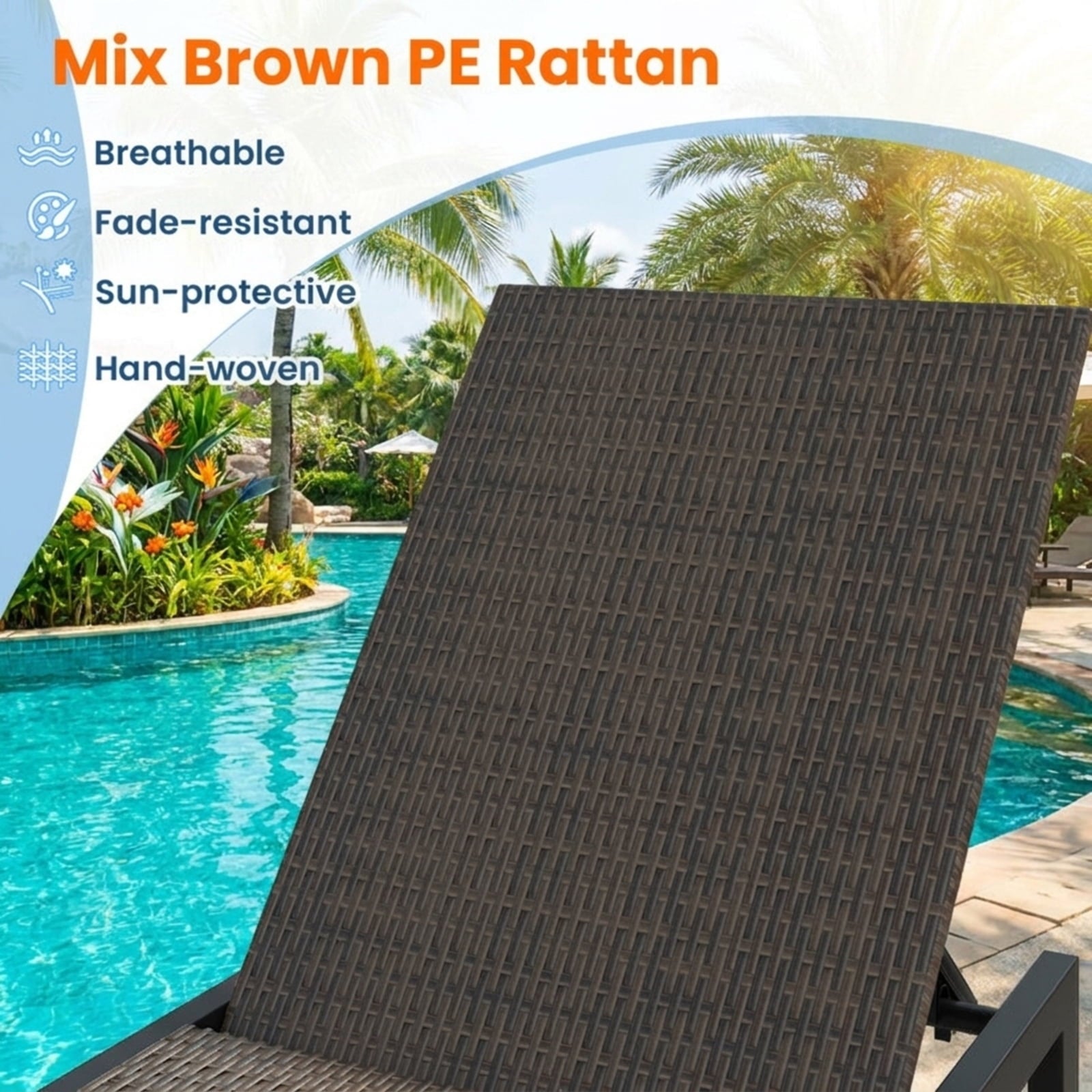 Biotree Patio PE Rattan Chaise Lounge with 5-Level Backrest and Wheels Stackable Patio Chair for Garden BackyardBrown