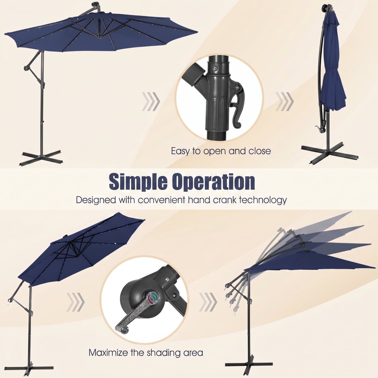 Biotree 10 ft Cantilever Offset Patio Umbrella Solar Powered Outdoor Shade - Blue - UV Protection with Cross Base