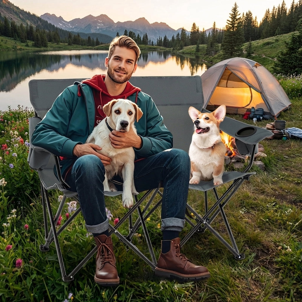 Biotree 2-Person Folding Outdoor Loveseat Camp Chair with Cup Holders Portable Double Camping Chair with Carry Bag, Gray