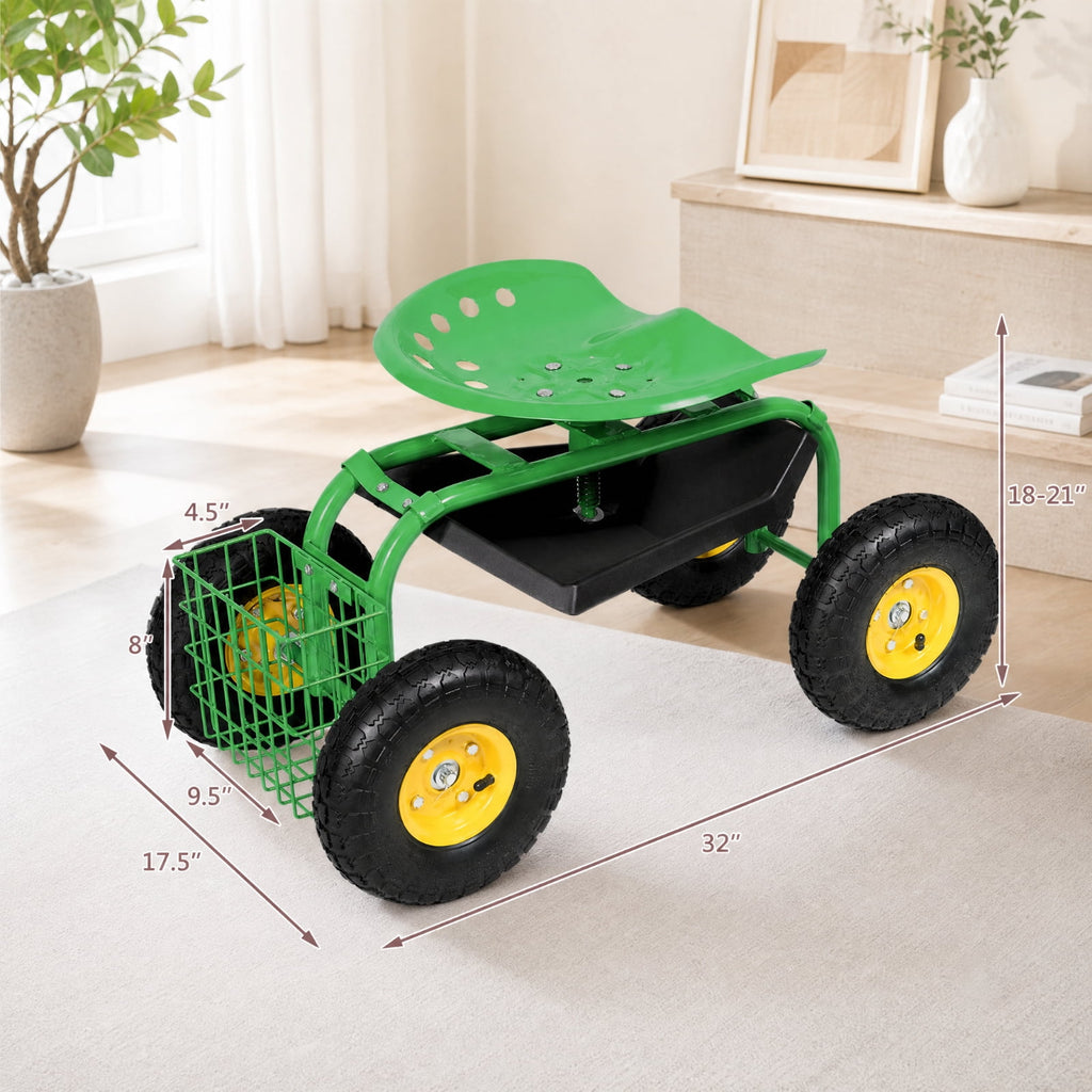 Biotree Rolling Garden Cart with Seat, 360¡ãSwivel Seat Adjustable Height ,330lbs Load Capacity, Wagon Scooter with Storage Bracket and Tool Tray, Suitable for Patio Yard, Green