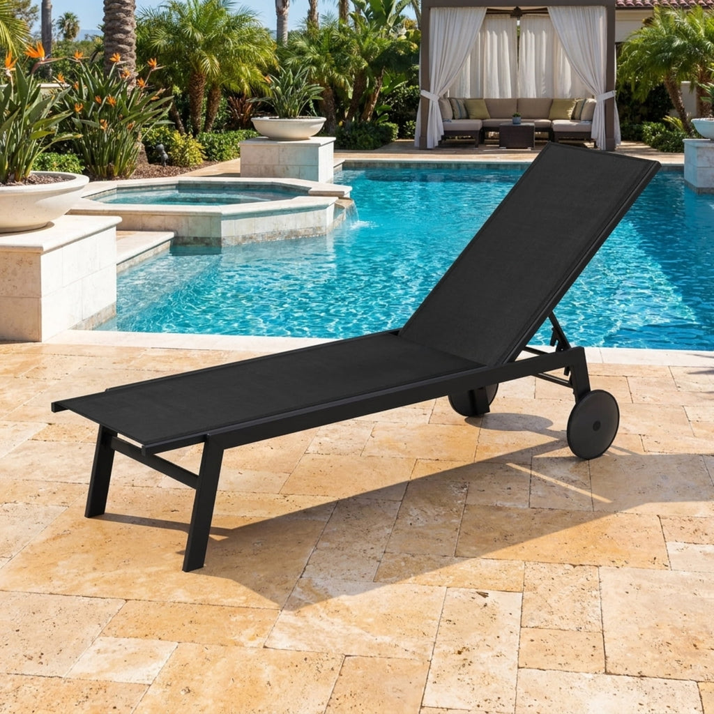 Biotree Patio Chaise Lounge Chair with Wheels and 6-Level Adjustable Backrest Set of 1 Stackable Patio Chair for Garden BackyardBlack