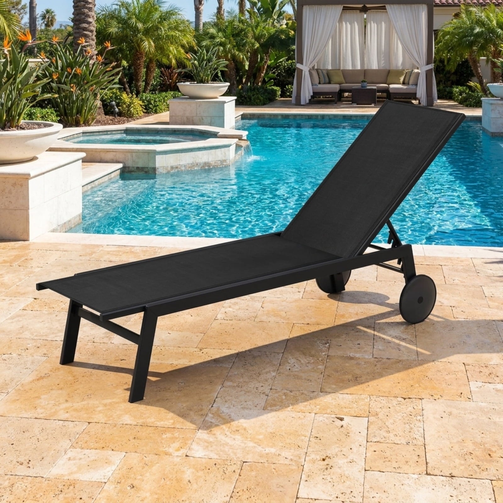 Biotree Patio Chaise Lounge Chair with Wheels and 6-Level Adjustable Backrest Set of 1 Stackable Patio Chair for Garden BackyardBlack