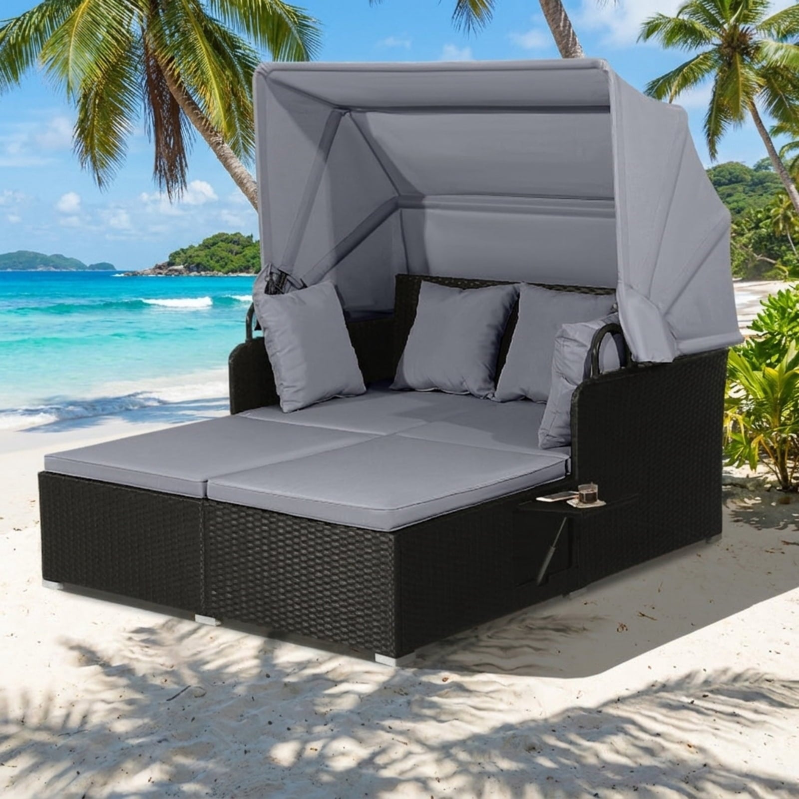 Biotree Patio Rattan Daybed with Retractable Canopy and Side Tables Outdoor Conversation Set for Garden Backyard PorchGray