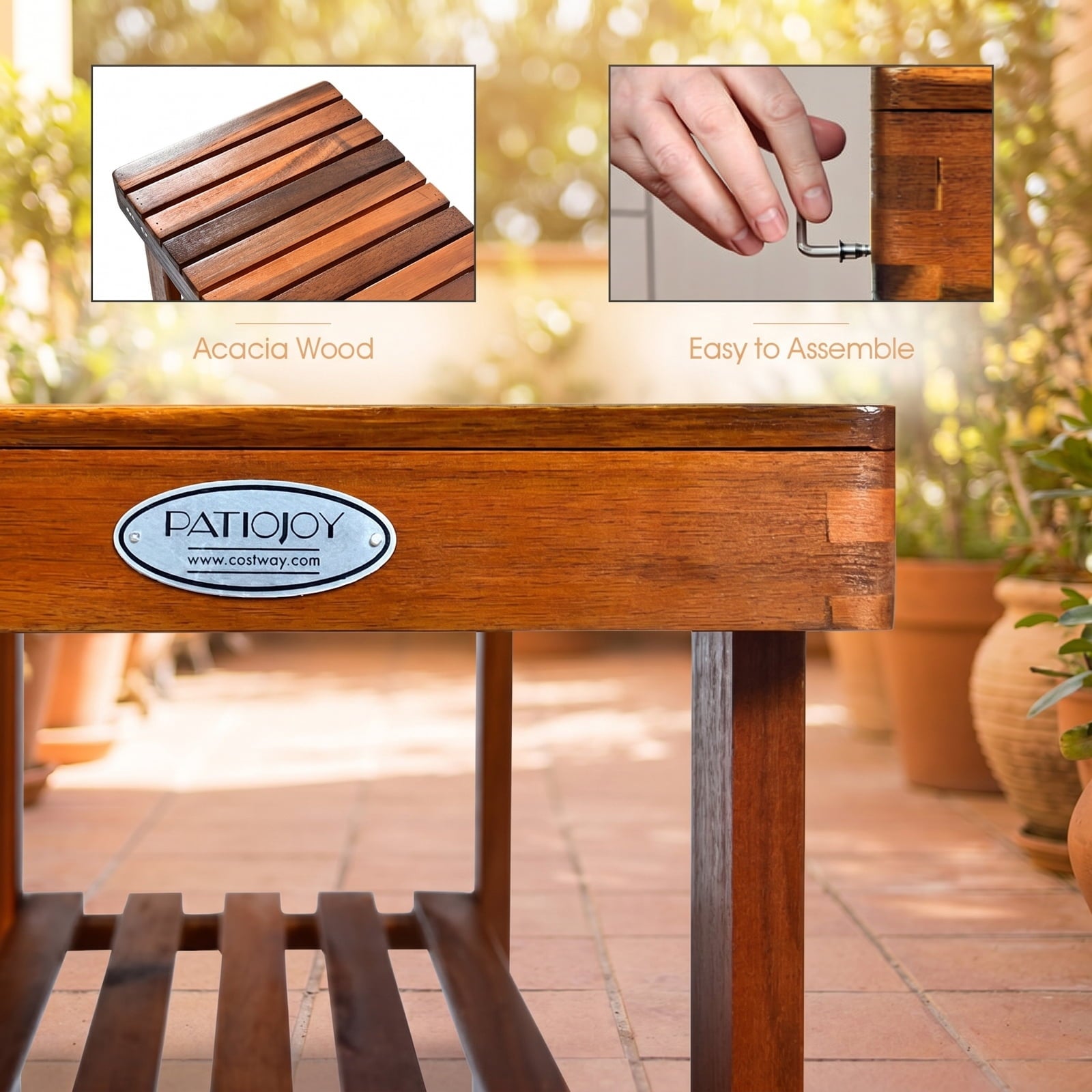 Biotree Acacia Wood Outdoor Bench 48 Inch Long Patio Dining Bench-1 Piece Stackable Patio Chair for Garden BackyardNatural+Black