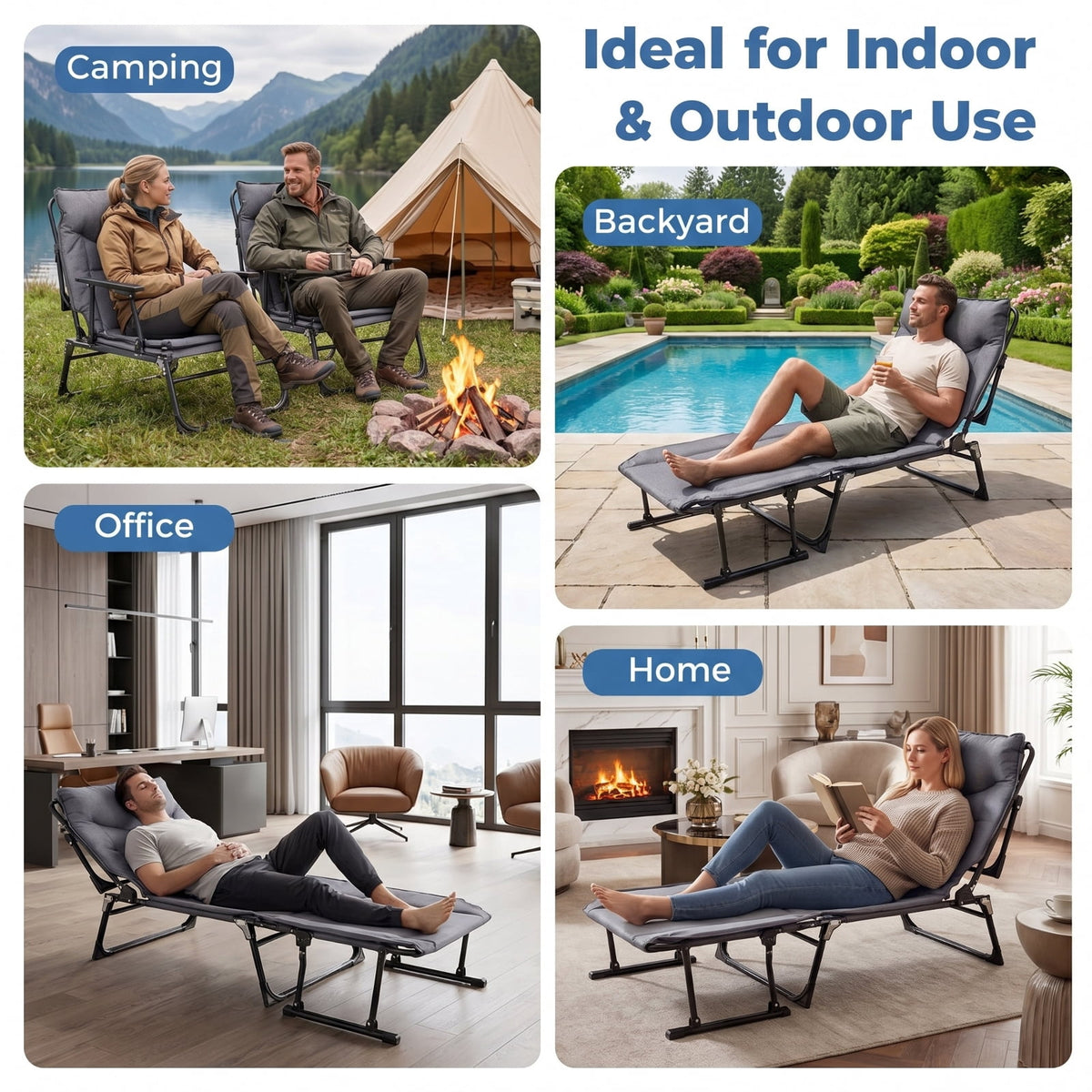 Biotree Folding Camping Cot 3 in 1 Convertible Padded Single Sofa Chair with Sturdy Steel Frame and 375 lbs Capacity for Outdoor Camping and Backyard Lounging, Gray