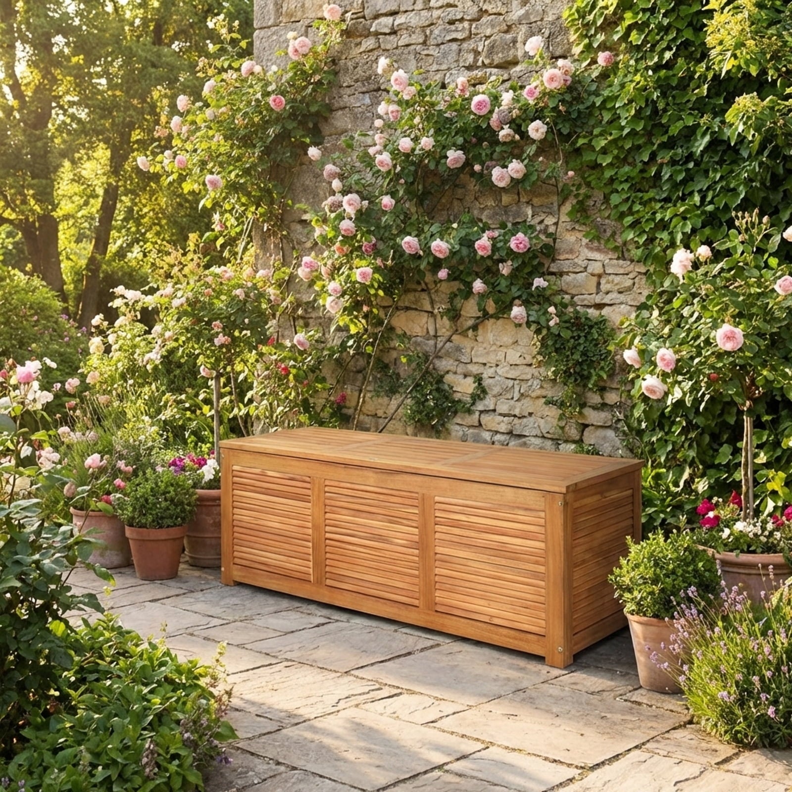 Biotree 46 Gallon Acacia Wood Storage Bench Box for Patio Garden Deck, Outdoor Wooden Storage Chest with Hinged Lid Indoor Entryway Bench, Natural