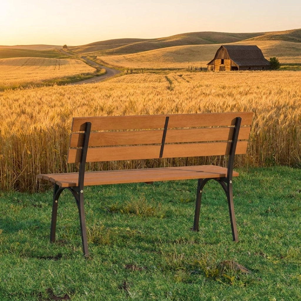 Biotree 47 Inch Outdoor Acacia Wood Bench with Metal Frame and Slatted Seat Stackable Patio Chair for Garden BackyardNatural + Black