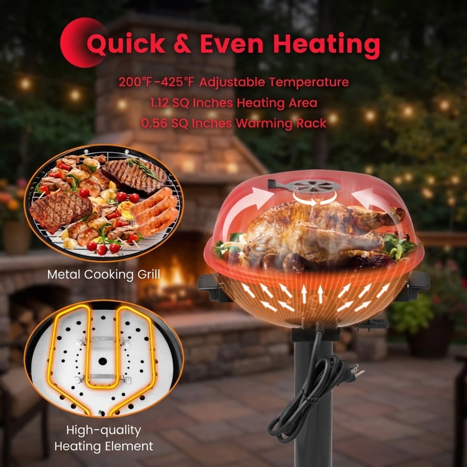Biotree 1600W Electric BBQ Grill with Removable Non-Stick Warming Rack and Adjustable Temperature Control - Red