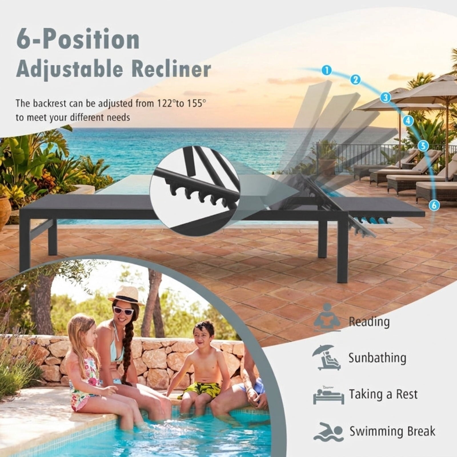 Biotree 6-Position Chaise Lounge Chairs with Rustproof Aluminium Frame Stackable Patio Chair for Garden BackyardGray