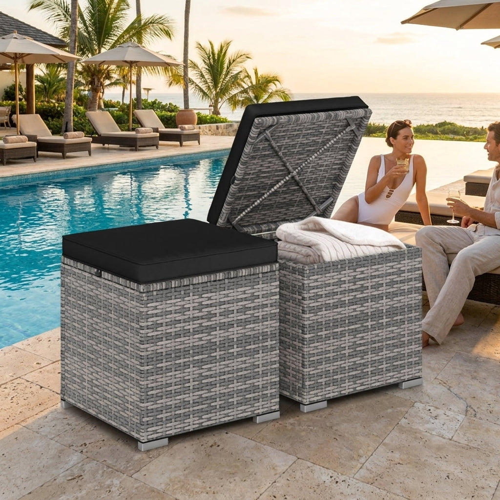 Biotree 2 Pieces Patio Ottoman with Hidden Storage Space-Mix Grey Stackable Patio Chair for Garden Backyardblack