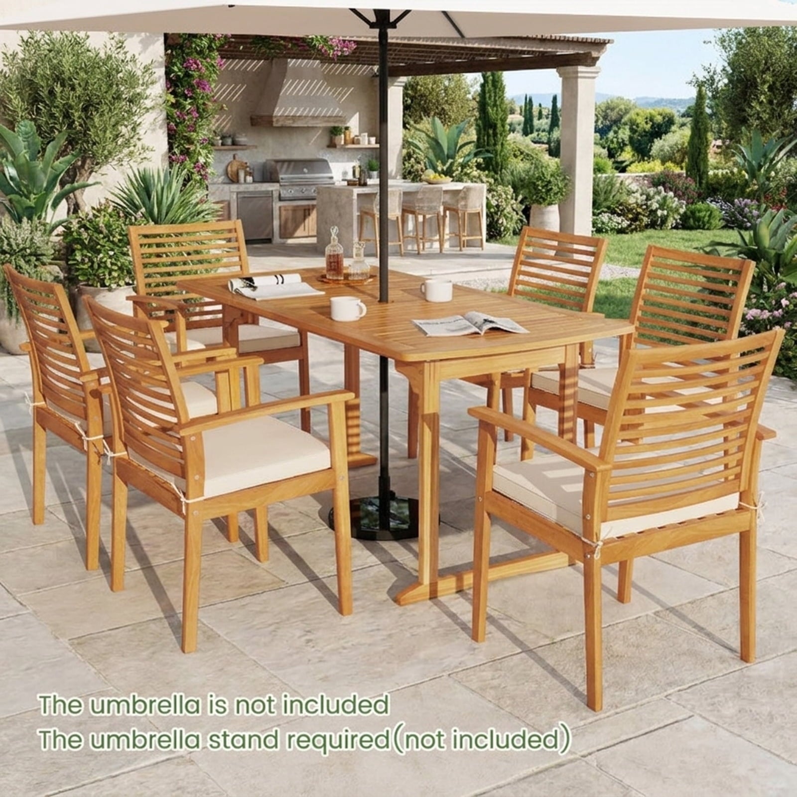 Biotree 63 inch Outdoor Dining Table with Umbrella Hole and Slatted Tabletop, Natural