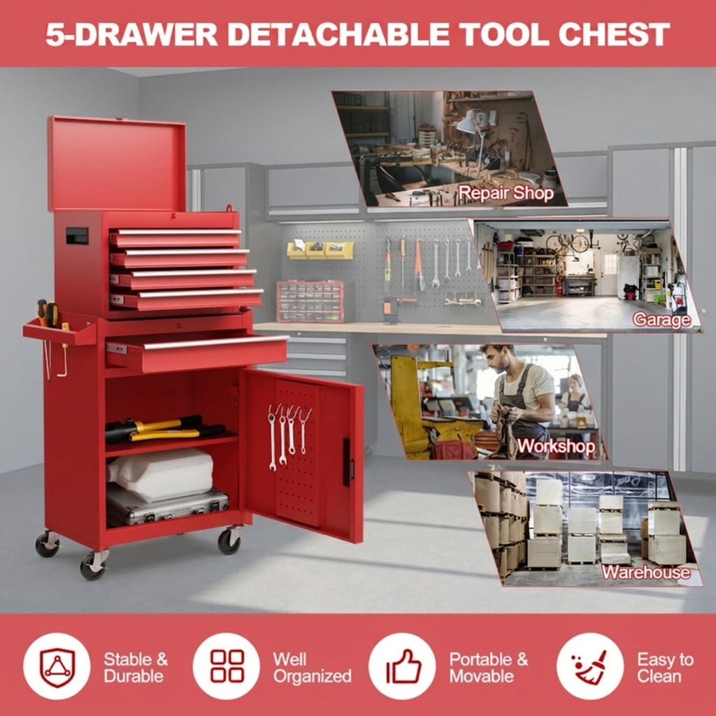 Biotree 2-in-1 Tool Chest and Cabinet with 5 Sliding Drawers Outdoor Waterproof for Patio Deck Garden Cushions, Red