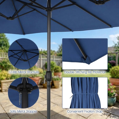 Biotree 15 ft Double-Sided Twin Patio Umbrella Crank Tilt Outdoor Shade - Blue - UV Protection with Cross Base