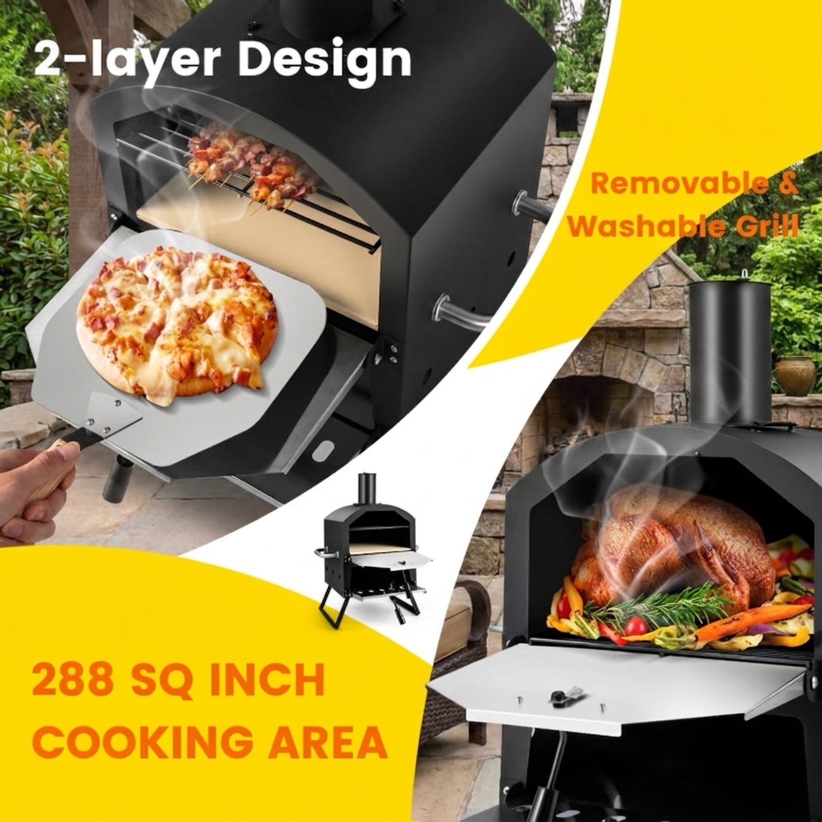 Biotree Outdoor Pizza Oven with Anti-scalding Handles and Foldable Legs for Outdoor Backyard Camping Patio BBQ, Black