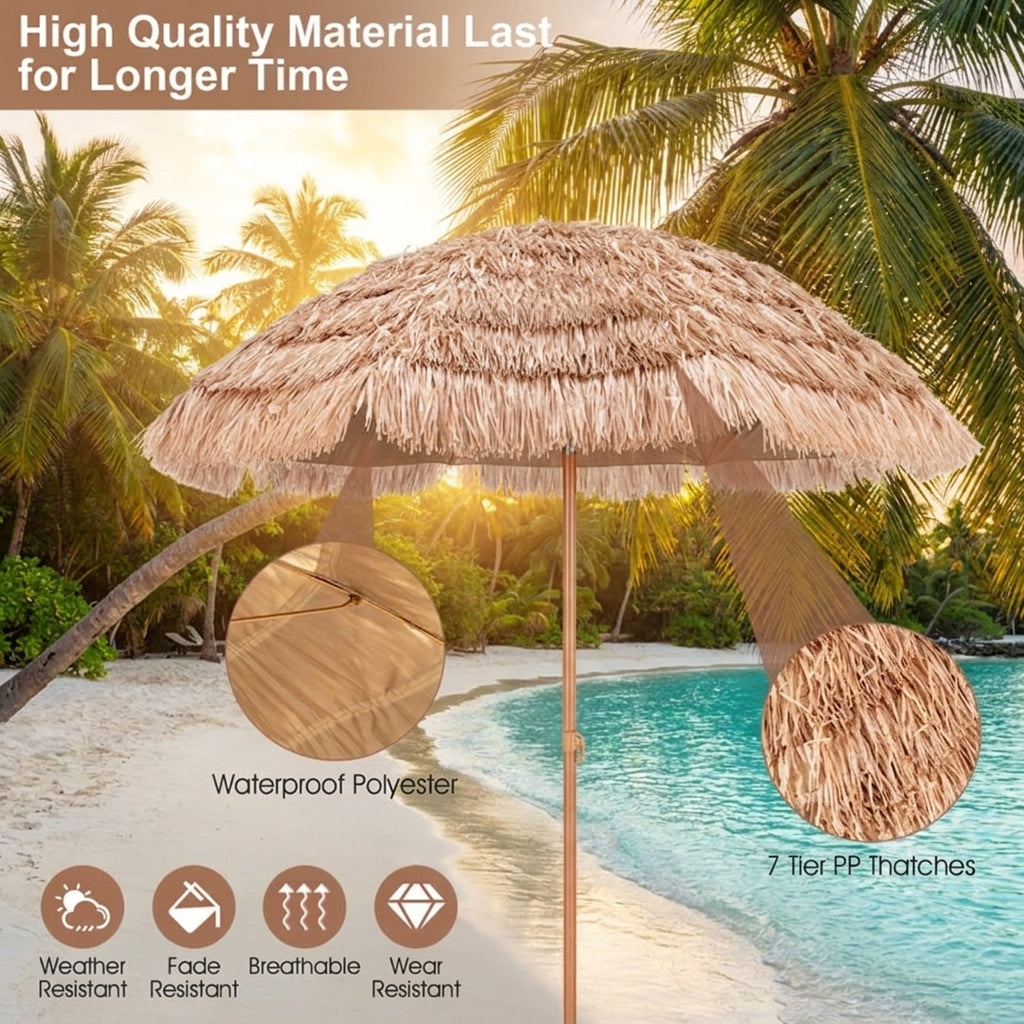 Biotree 7 ft Thatched Tiki Patio Umbrella Crank Tilt Outdoor Shade - Natural - UV Protection with Cross Base