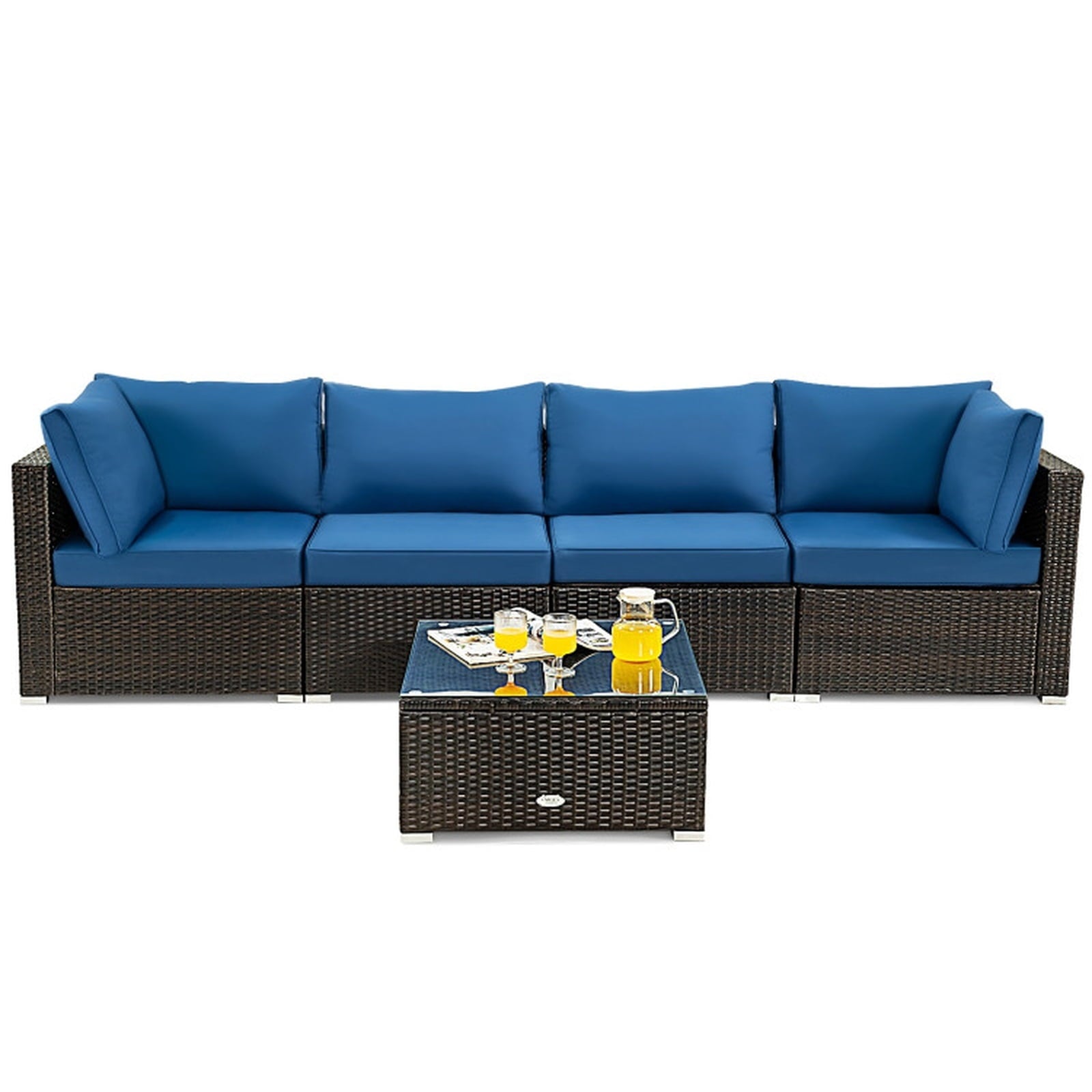 Biotree 5 Pieces Cushioned Patio Rattan Furniture Set with Glass Table Outdoor Conversation Set for Garden Backyard PorchNavy