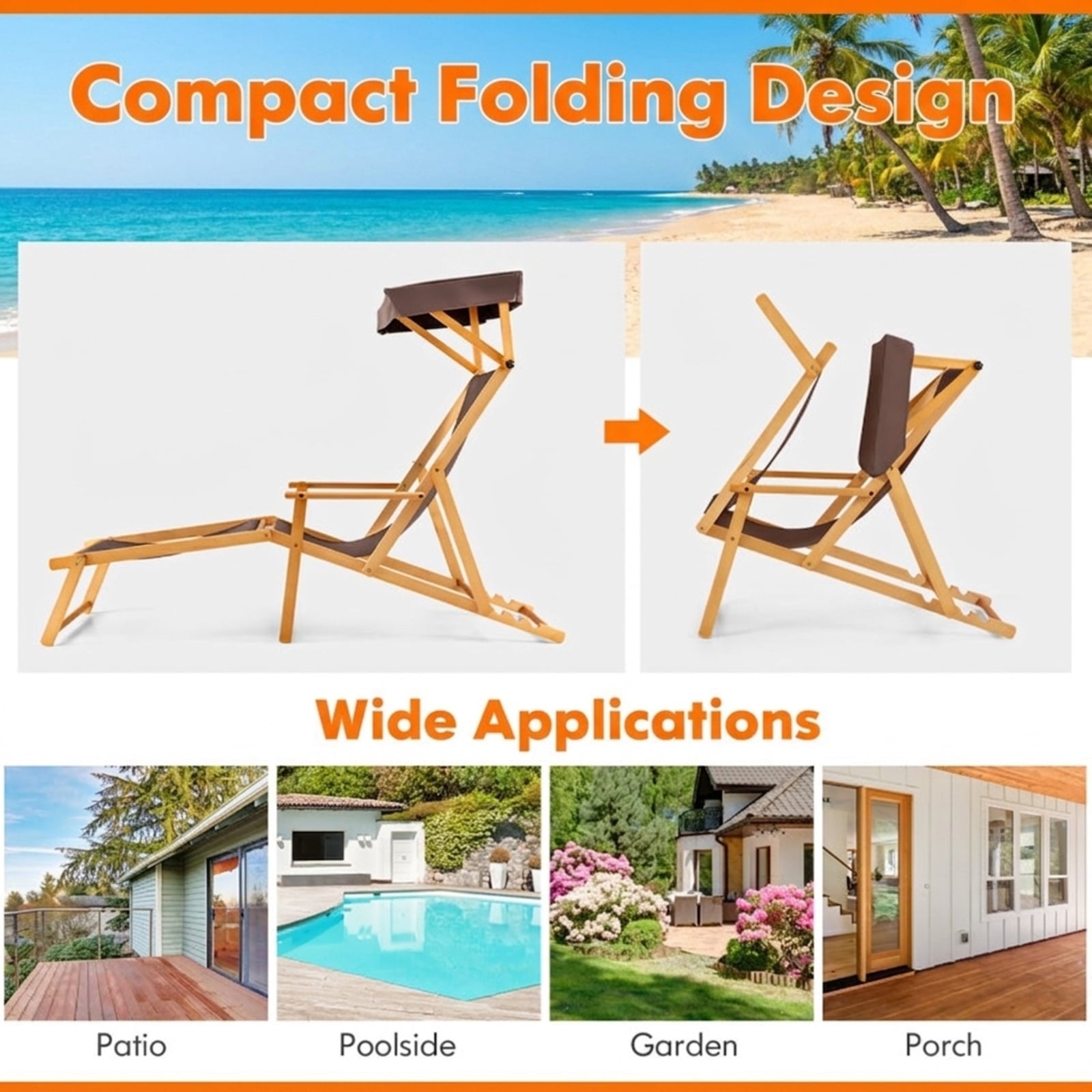 Biotree Birch Wood Chaise Lounge Chair Foldable Beach Chair with Adjustable Canopy Stackable Patio Chair for Garden BackyardBrown