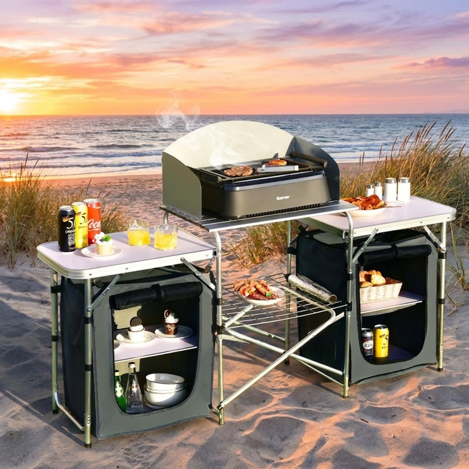 Biotree Folding Camping Table with Storage Organizer, Gray