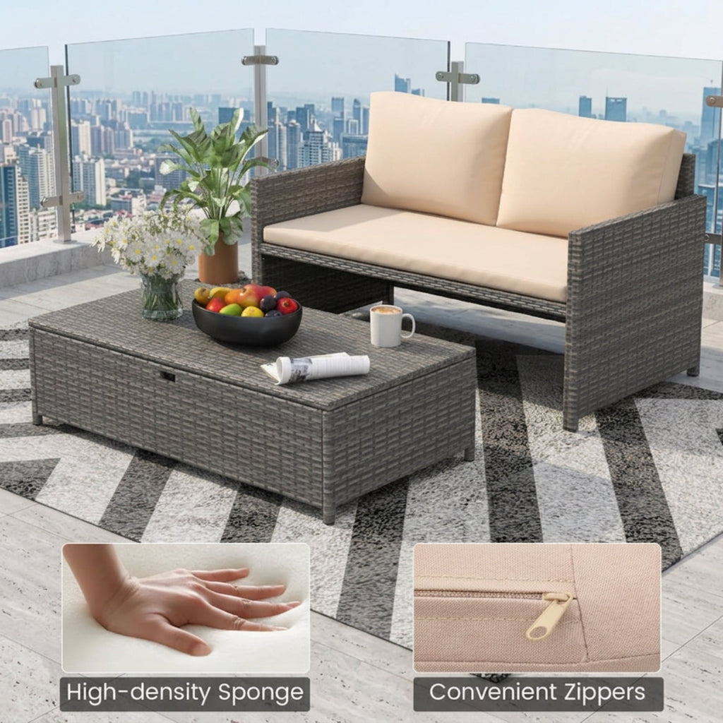 Biotree Outdoor Rattan Daybed Wicker Loveseat and 31 Gallon Storage Ottoman Outdoor Conversation Set for Garden Backyard PorchBrown