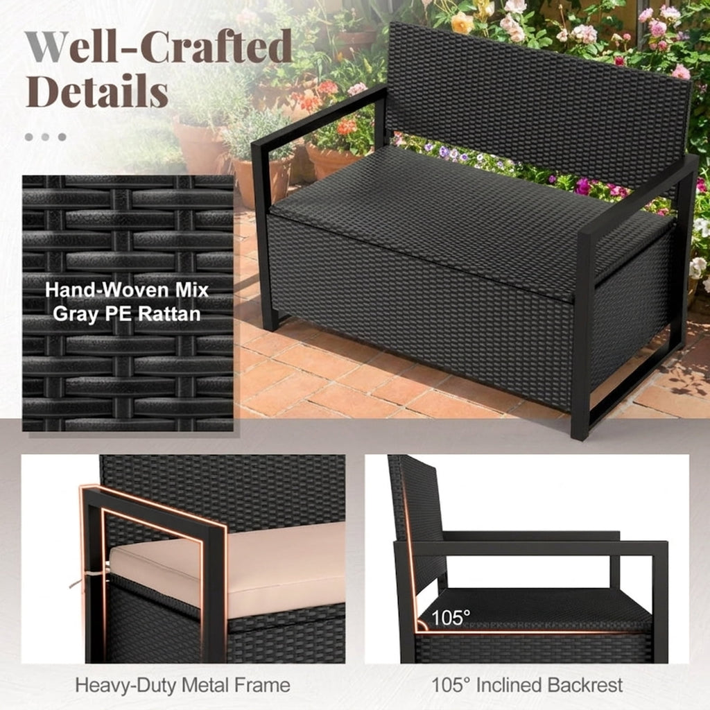 Biotree Patio Storage Bench Outdoor Wicker Loveseat with Built-in 40-Gallon Weatherproof Storage and Cushion , Brown