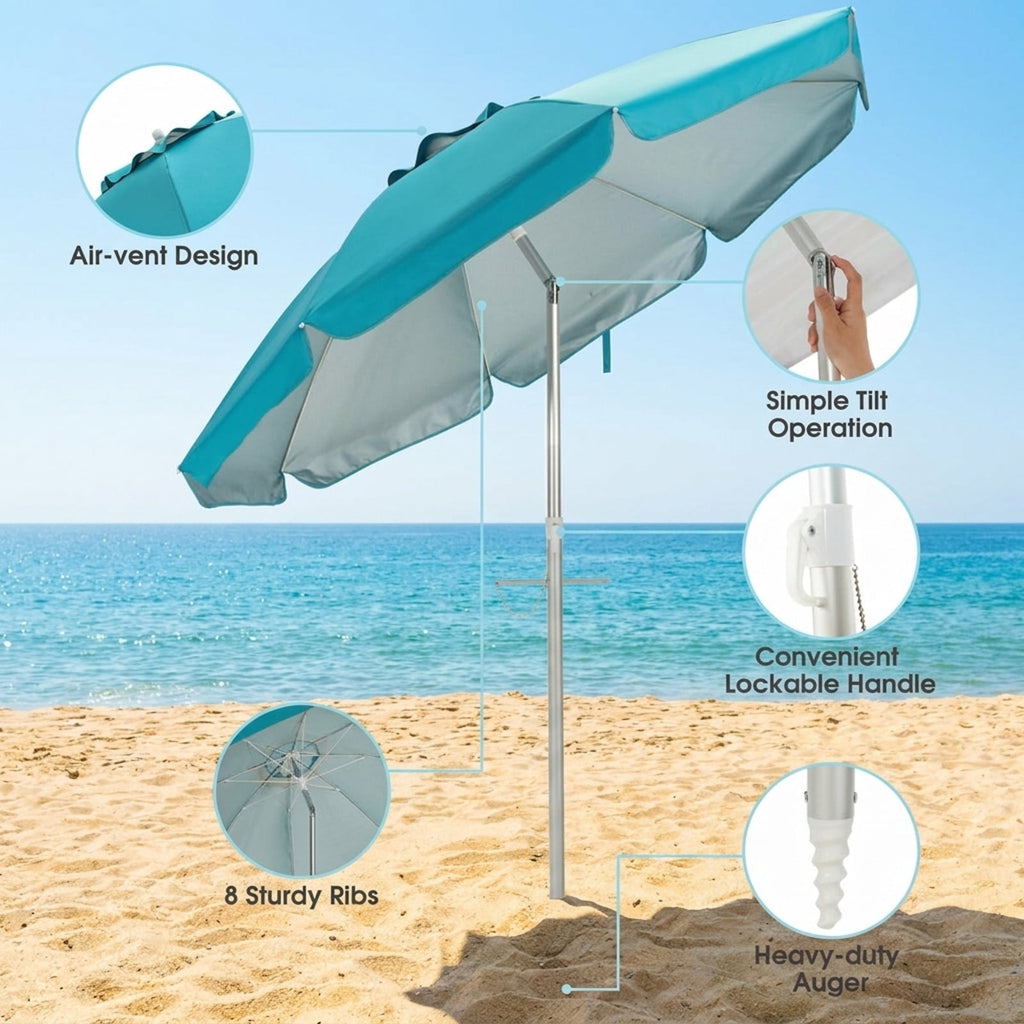 Biotree 6.5 ft Portable Beach Umbrella with Carrying Bag, 6 Ribs, Sand Tilt Mechanism - Blue for Backyard