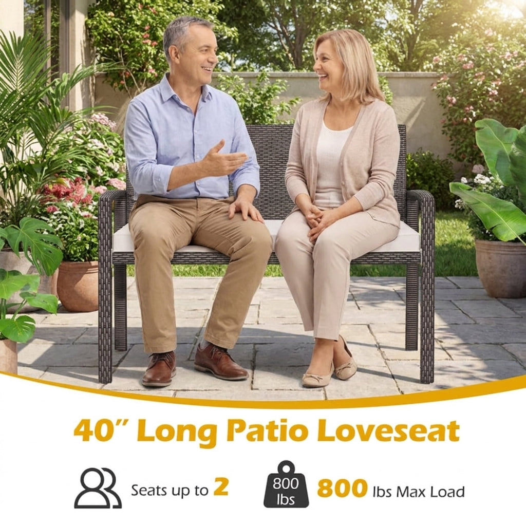Biotree Wicker 2-Seat Bench with Soft Seat Cushion and Metal Frame Stackable Patio Chair for Garden BackyardWhite