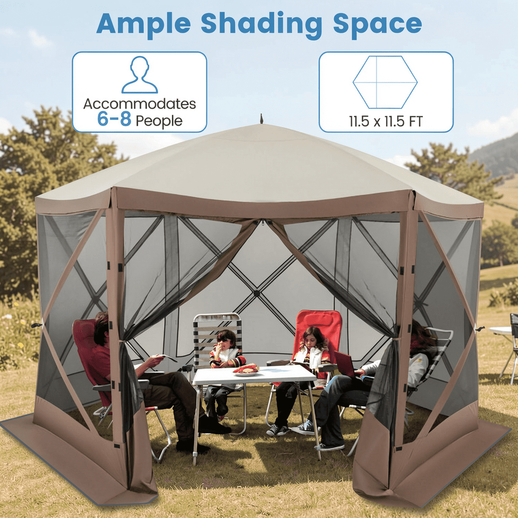 Biotree Pop-up Gazebo 6-sided Instant Setup Screen House Hub Tent with Mesh Netting Walls Brown - Outdoor Patio Backyard Garden Shade Canopy Shelter