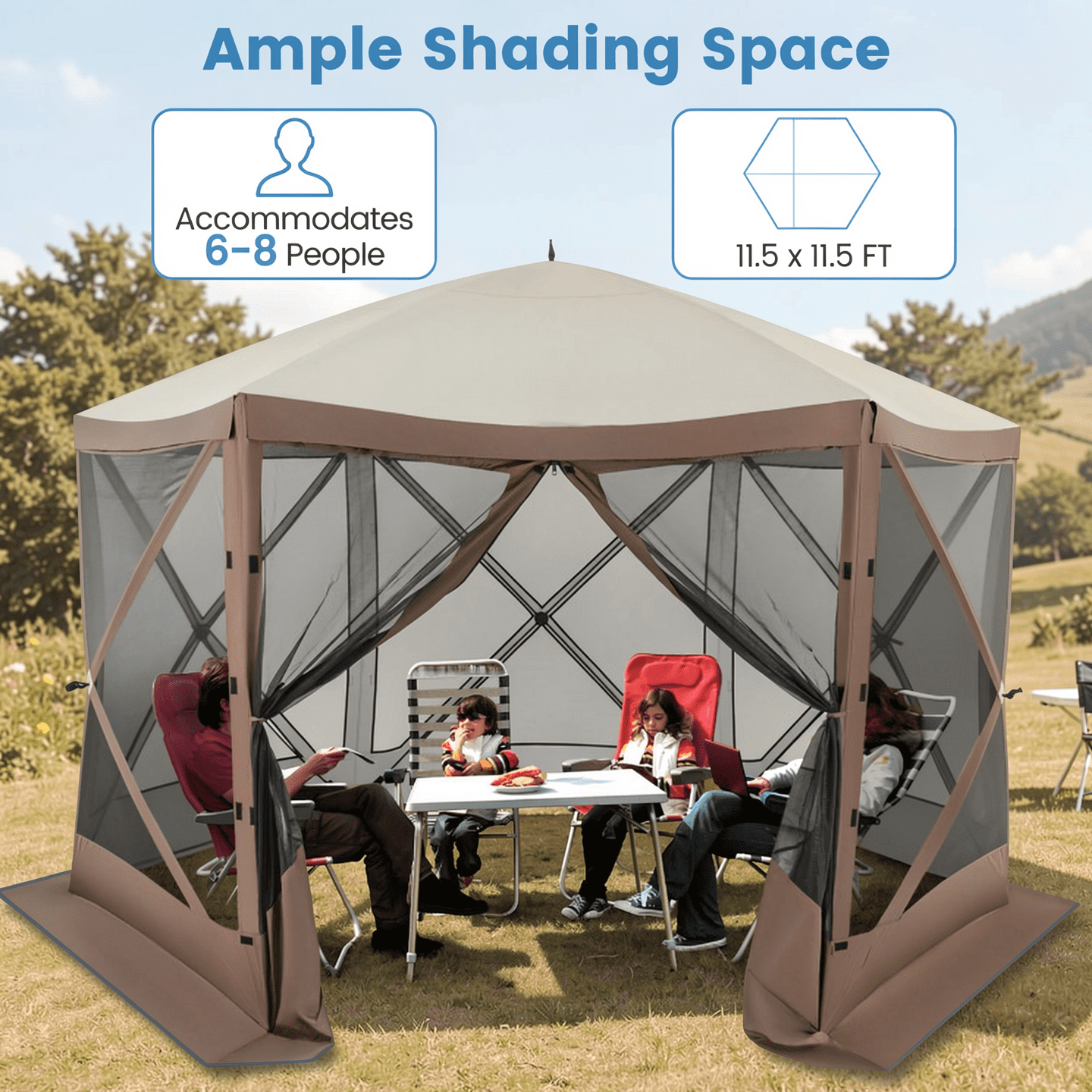 Biotree Pop-up Gazebo 6-sided Instant Setup Screen House Hub Tent with Mesh Netting Walls Brown - Outdoor Patio Backyard Garden Shade Canopy Shelter