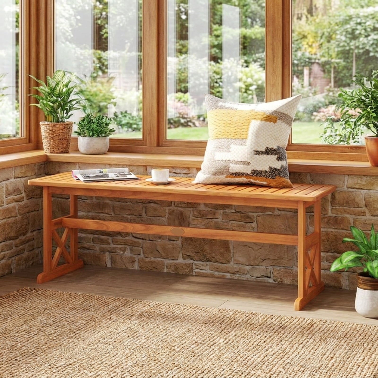 Biotree 51 Inches Outdoor Acacia Wood Bench with Slatted Seat and 800 Lbs Weight Capacity-1 PieceNatural