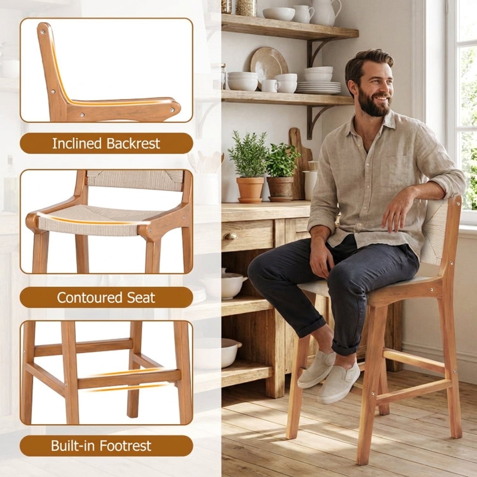Biotree Outdoor Teak Wood Counter Height Bar Stool with Woven Paper Rope Seat, Natural - Outdoor Patio Bar Height Chair with Footrest