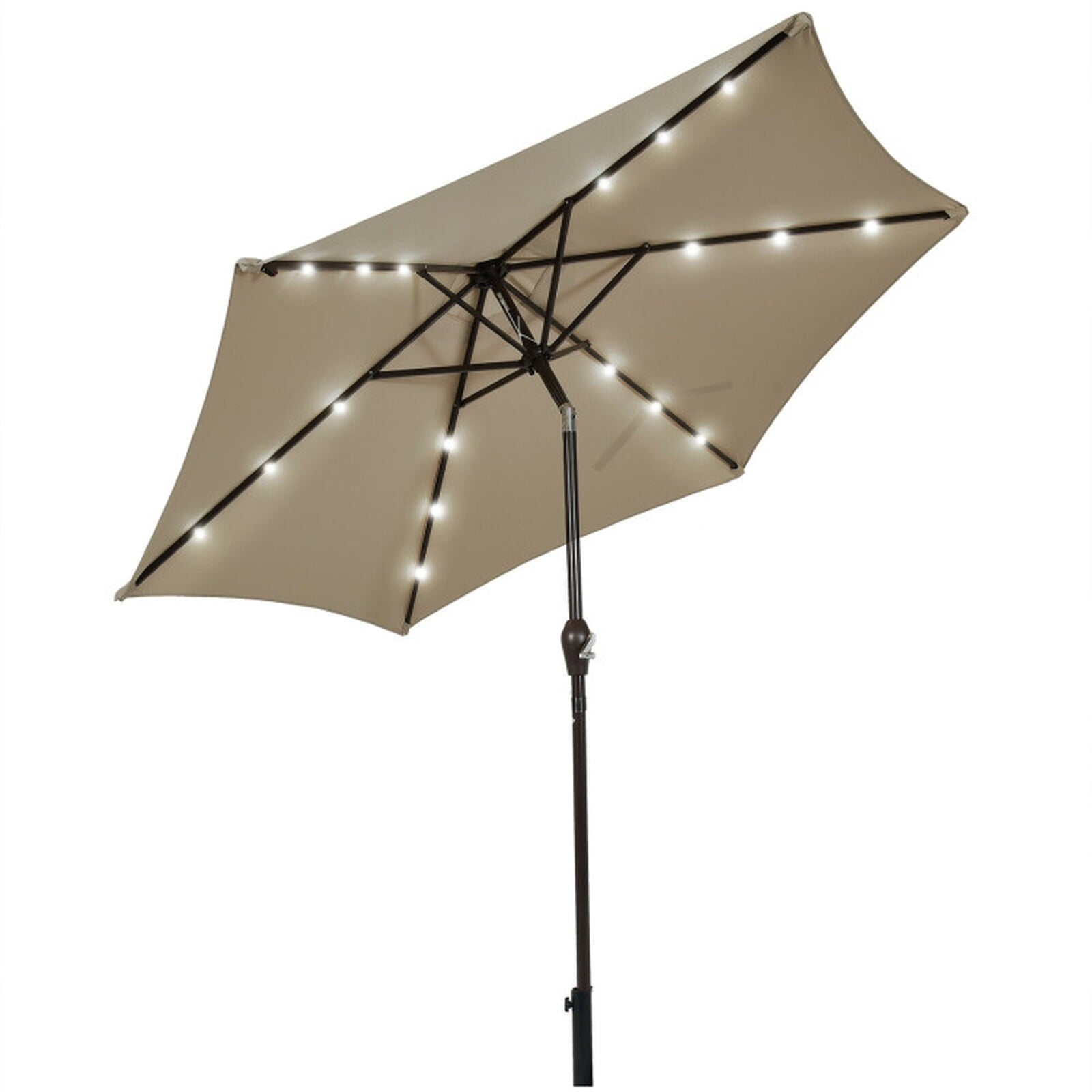 Biotree 9 ft Solar LED Market Patio Umbrella with Crank and Tilt, 6 Sturdy Ribs, Vented Canopy - Tan