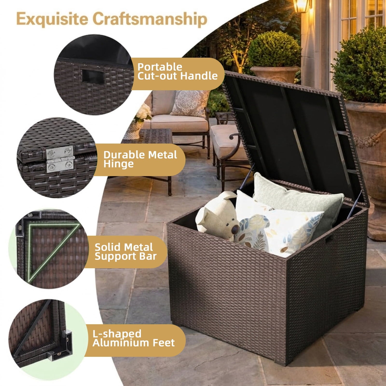 Biotree 72 Gallon Rattan Outdoor Storage Box with Zippered Liner and Solid Pneumatic Rod Outdoor Waterproof for Patio Deck Garden Cushions, Brown