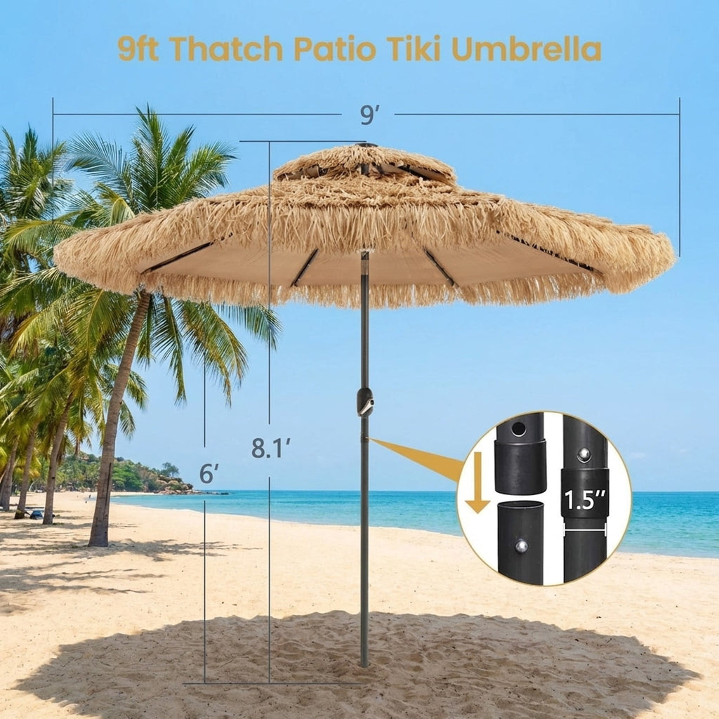 Biotree 9 Feet Solar Powered Thatched Tiki Patio Umbrella with Led Lights. Outdoor Backyard Deck Garden